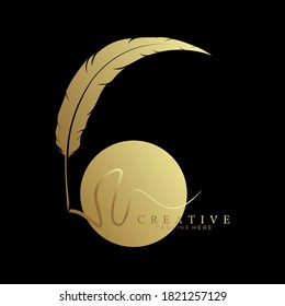 feather pen logo gold with circle gold vector design template