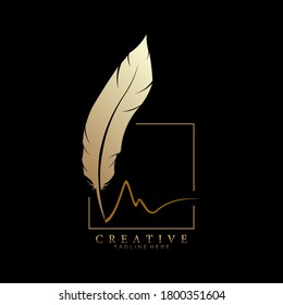 feather pen logo gold with square line vector design template