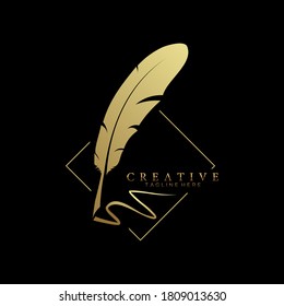 feather pen logo gold with square line vector design template