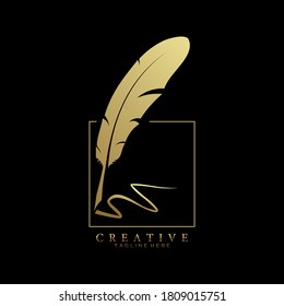 feather pen logo gold with square line vector design template