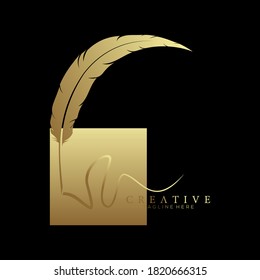 Feder-Stift-Logo Gold mit quadratischer goldener Vektordesign-Vorlage
