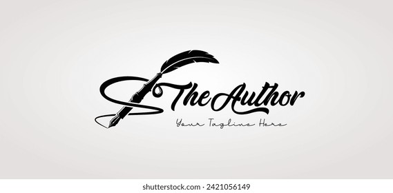 Feather pen logo with handwriting for writer logo design