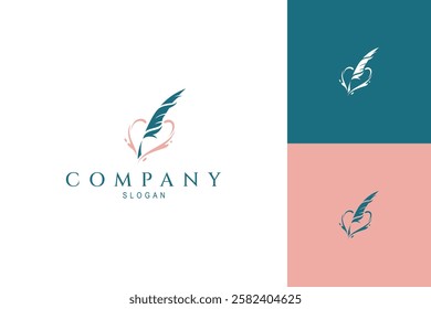 Feather pen logo with love shaped ink in flat design style