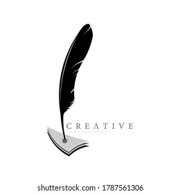 feather pen logo silhouette with 3 Layered arrowheads vector design template