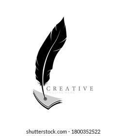 feather pen logo silhouette with 3 Layered arrowheads vector design template