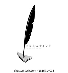 feather pen logo silhouette with 3 Layered arrowheads vector design template