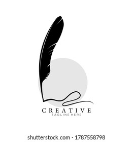 feather pen logo silhouette with circle light grey vector design template