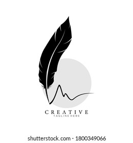 feather pen logo silhouette with circle light grey vector design template