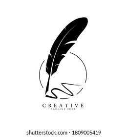 feather pen logo silhouette with circle line vector design template