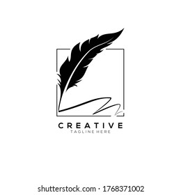 feather pen logo silhouette with square line vector design template