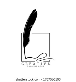 feather pen logo silhouette with square line vector design template