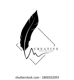 feather pen logo silhouette with square line vector design template