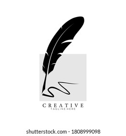 feather pen logo silhouette with square light grey vector design template
