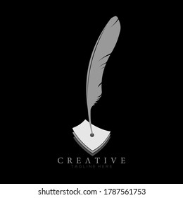 feather pen logo white with 3 sheets of paper vector design template