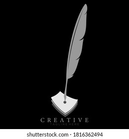 feather pen logo white with 3 sheets of paper vector design template