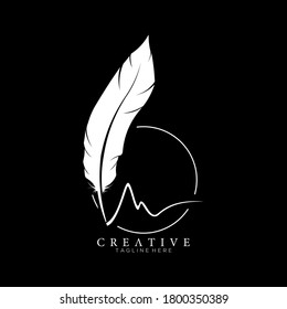 feather pen logo white with circle line vector design template