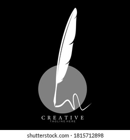 feather pen logo white with circle dark grey vector design template