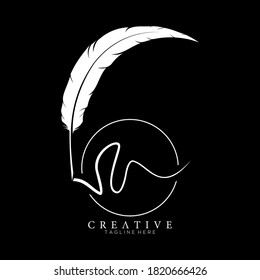 feather pen logo white with circle line vector design template