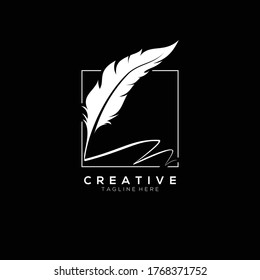 logotipo de plumas blanco con plantilla de diseño de vector de línea cuadrada