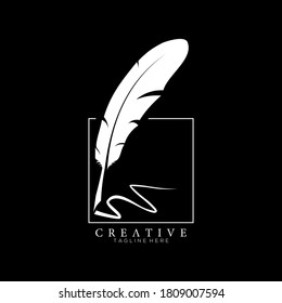 logotipo de plumas blanco con plantilla de diseño de vector de línea cuadrada