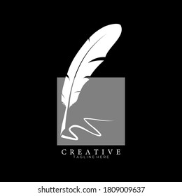 feather pen logo white with square on dark grey vector design template