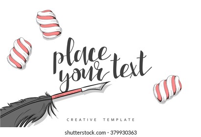 Feather pen and marshmallow in sketch. Conceptual background template for presentations. Realistic outline items. Writing instruments. Sweets on table. Presentation Text. Set of objects in sketch