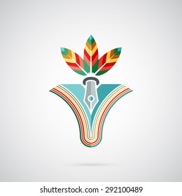 Feather pen with multicolored feathers in colorful book, logo template. For book publishers and printing companies. Creative symbol for company identity, advertising, poster, banner, web and flyer.