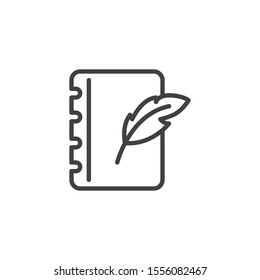 Feather pen and notebook page line icon. linear style sign for mobile concept and web design. Notepad paper with quill pen outline vector icon. Writing form symbol, logo illustration. Vector graphics