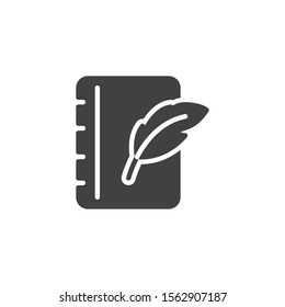 Feather pen and notebook page vector icon. filled flat sign for mobile concept and web design. Notepad paper with quill pen glyph icon. Writing form symbol, logo illustration. Vector graphics