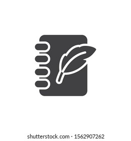 Feather pen and notebook page vector icon. filled flat sign for mobile concept and web design. Note pad paper and quill pen glyph icon. Symbol, logo illustration. Vector graphics