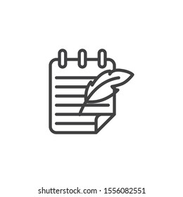 Feather pen and notepad paper line icon. linear style sign for mobile concept and web design. Notebook page and quill pen outline vector icon. Symbol, logo illustration. Vector graphics