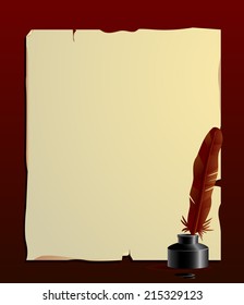 Feather pen, old worn paper and ink bottle vector