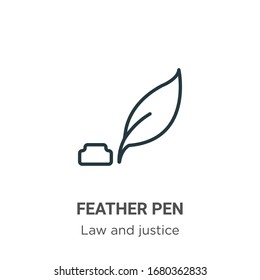 Feather pen outline vector icon. Thin line black feather pen icon, flat vector simple element illustration from editable law and justice concept isolated stroke on white background