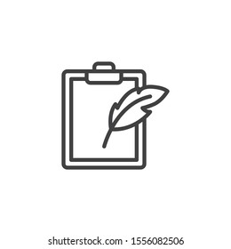 Feather pen and paper clipboard line icon. linear style sign for mobile concept and web design. Note pad and quill pen outline vector icon. Writing form symbol, logo illustration. Vector graphics
