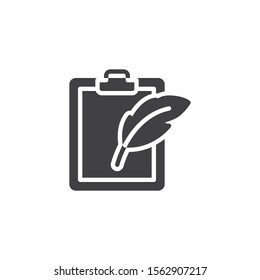 Feather pen and paper clipboard vector icon. filled flat sign for mobile concept and web design. Note pad and quill pen glyph icon. Writing form symbol, logo illustration. Vector graphics