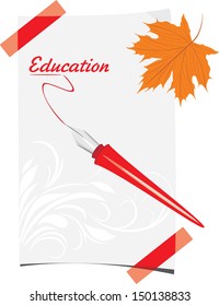 Feather pen and paper sheet with maple leaf. Vector