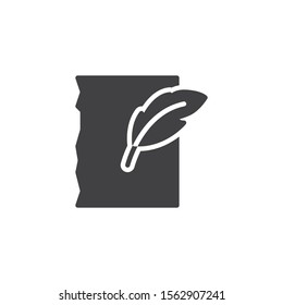 Feather pen and paper vector icon. Document edit filled flat sign for mobile concept and web design. Note paper and quill pen glyph icon. Writing form symbol, logo illustration. Vector graphics