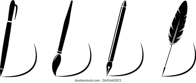 Feather pen, pencil, pen, paintbrush write vector icons set. Write letter