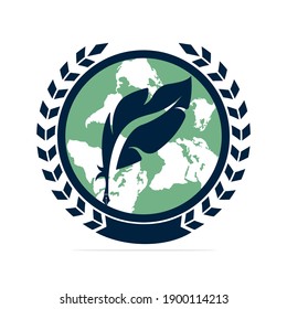 Combinación de plumas y logotipo del planeta. Plantilla única de diseño de tipo de registro y de ley.