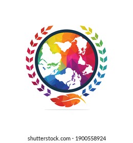 Feather Pen and planet logo combination. Unique law and globe logotype design template.