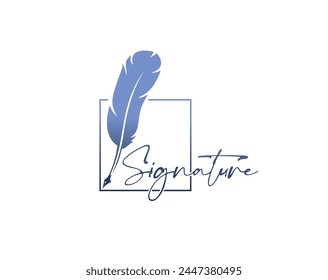 Federstift, Federkiel. Signatur des Autors. Isolierte Vektorgrafik Symbol der Eloquenz und Kreativität. Blaue elegante Tintenfahne, die anmutig schreibt und zeitlose Literaturkunst und literarischen Ausdruck verkörpert