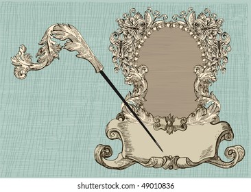 Feather pen with rococo style vintage frame