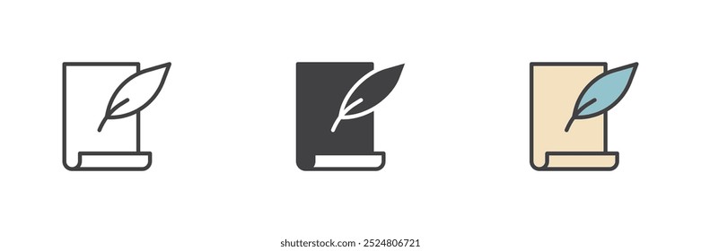 Feather pen and scroll paper different style icon set. Line, glyph and filled outline colorful version, outline and filled vector sign. Copywriting symbol, logo illustration. Vector graphics