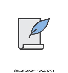 Feather pen and scroll paper sheet filled outline icon, line vector sign, linear colorful pictogram isolated on white. Copywriting symbol, logo illustration. Pixel perfect vector graphics