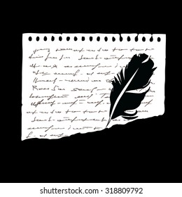 Feather Pen and a sheet of notebook. Vector