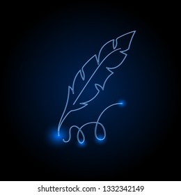 Feather pen silhouette. Vector feather silhouette isolated on dark background. 