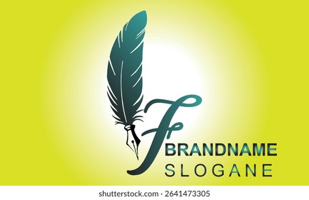  Feather Pen style Letter F Logo Design.. Usable for Business Logos. Flat Vector Logo Design Template Element
