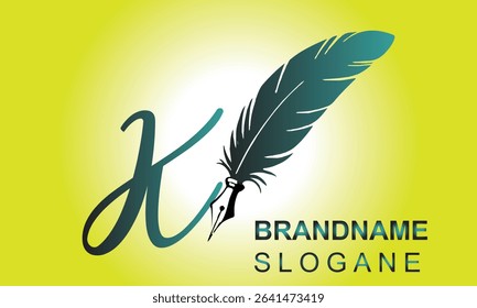  Feather Pen style Letter K Logo Design.. Usable for Business Logos. Flat Vector Logo Design Template Element