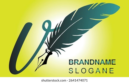  Feather Pen style Letter V Logo Design.. Usable for Business Logos. Flat Vector Logo Design Template Element