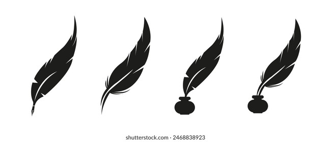 Feather pen vector silhouette. Ink writing tool icons.